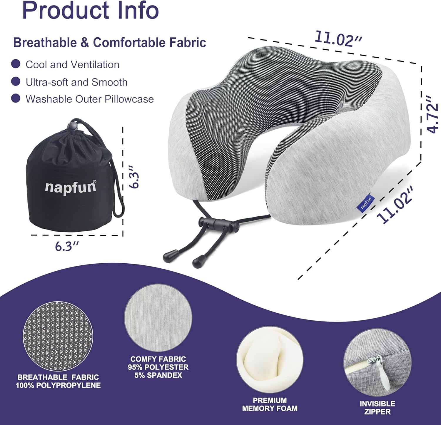 napfun Neck Pillow for Traveling, Upgraded Travel Neck Pillow for Airplane 100% Pure Memory Foam Travel Pillow for Flight Headrest Sleep…