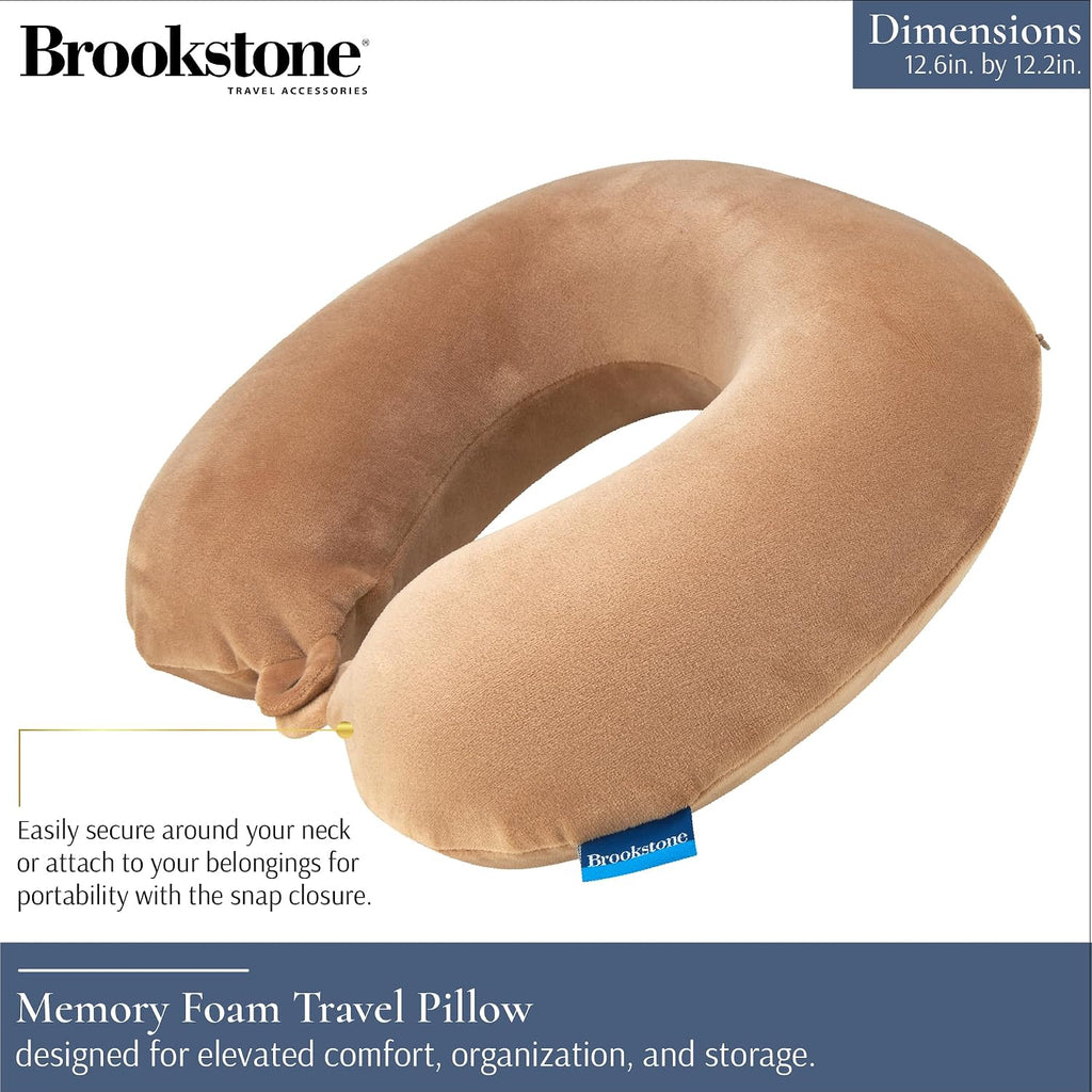 Brookstone Travel Neck Pillow - Lightweight U-Shaped Memory Foam Travel Pillow for Airplane, Car Travels & Sleeping, Khaki