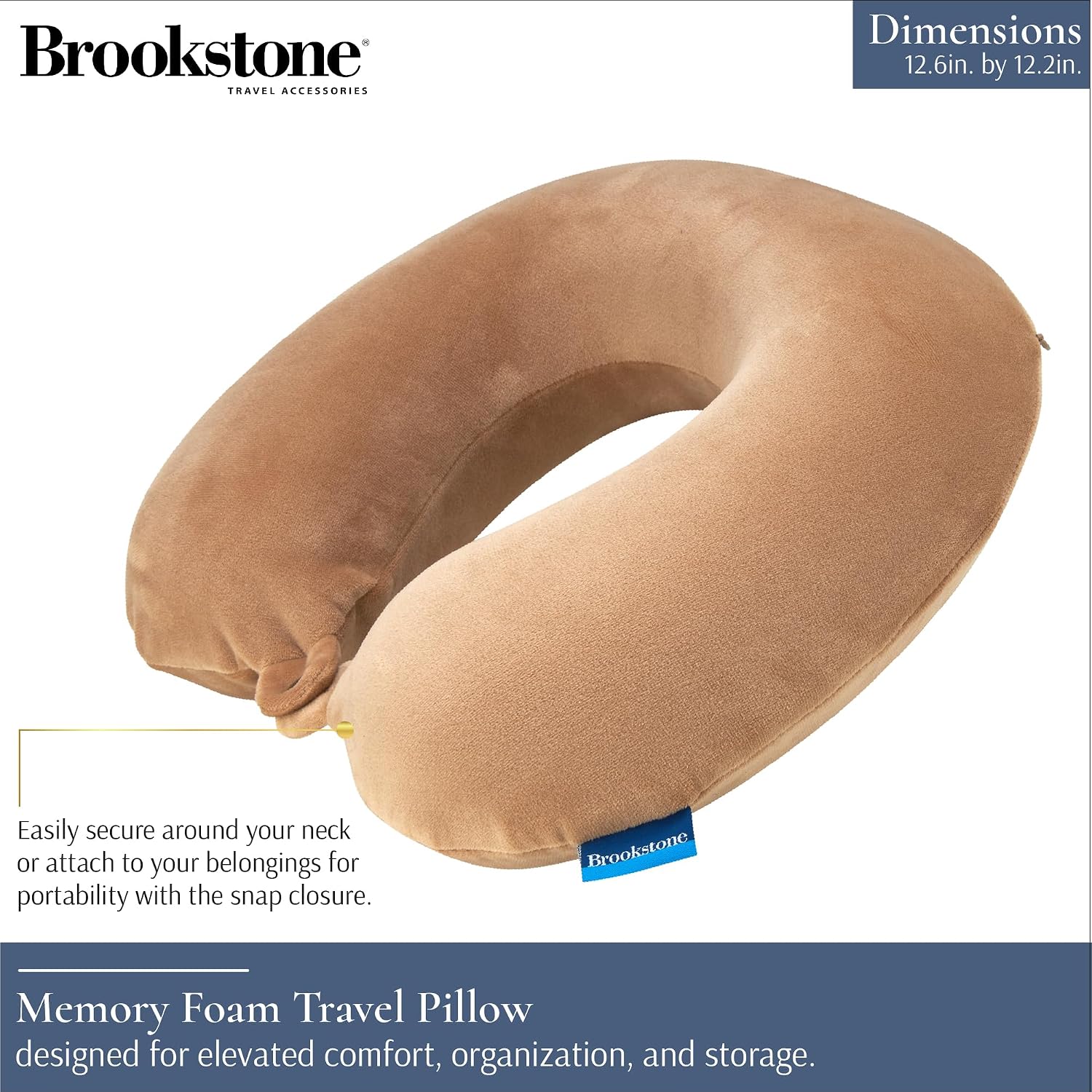 Brookstone Travel Neck Pillow - Lightweight U-Shaped Memory Foam Travel Pillow for Airplane, Car Travels & Sleeping, Khaki