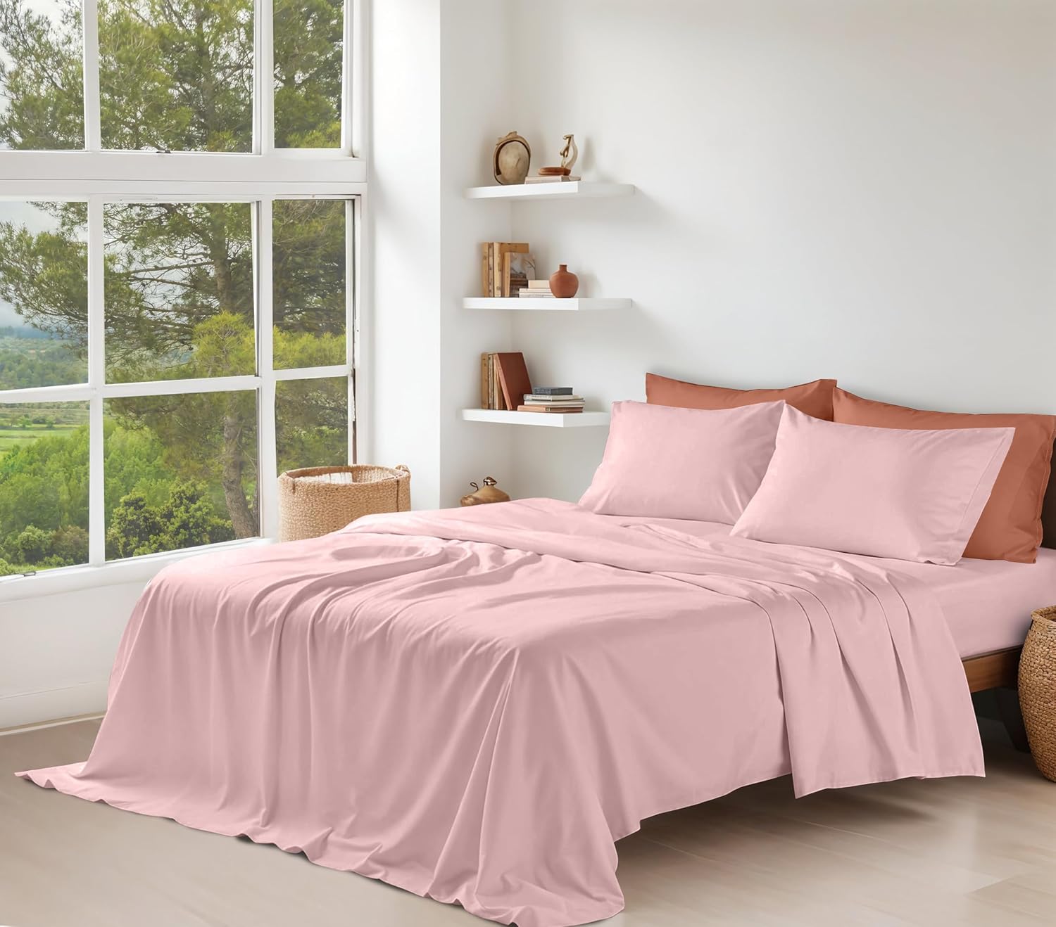 Ruvanti 100% Cotton Organic Percale Sheets King Size – Crisp Cooling Bed Sheets for Hot Sleepers, Deep Pocket 15”, Soft Peach Finish, Breat…