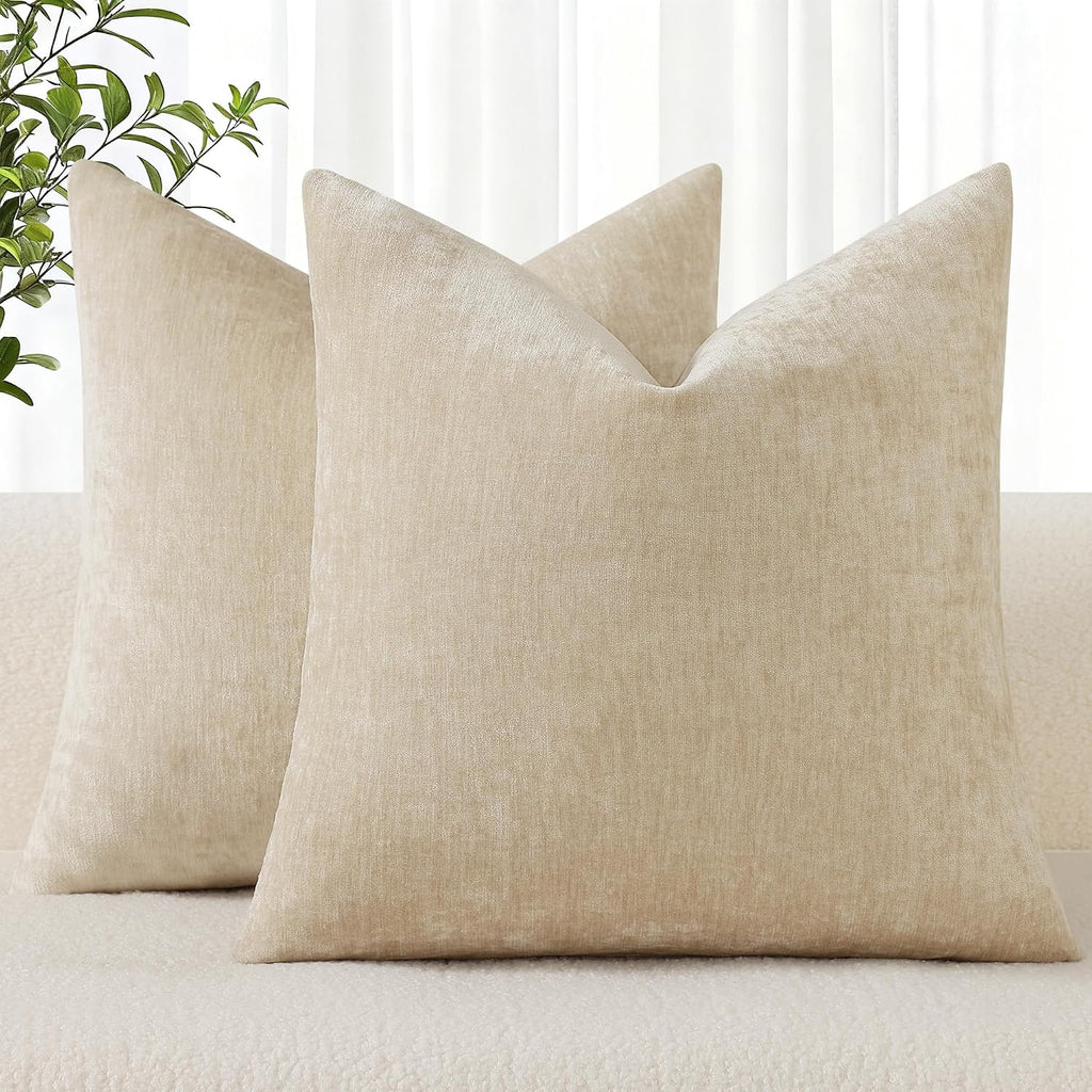 decorUhome Chenille Beige Throw Pillow Covers 26x26 Inch Set of 2, Decorative Soft Couch Pillow Covers Solid Dyed Accent Farmhouse Neutral…