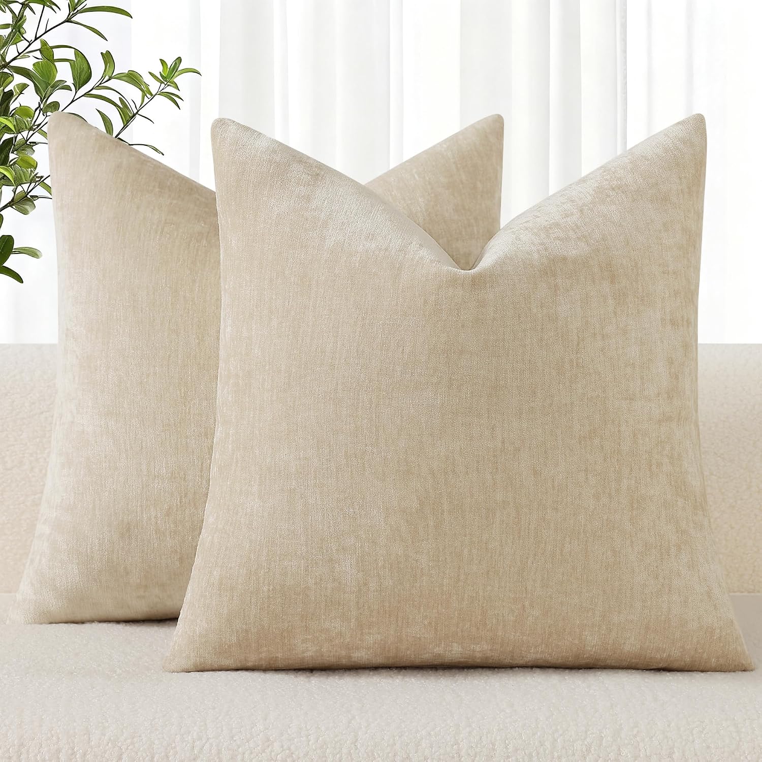 decorUhome Chenille Beige Throw Pillow Covers 18x18 Inch Set of 2, Decorative Soft Couch Pillow Covers Solid Dyed Accent Farmhouse Neutral…