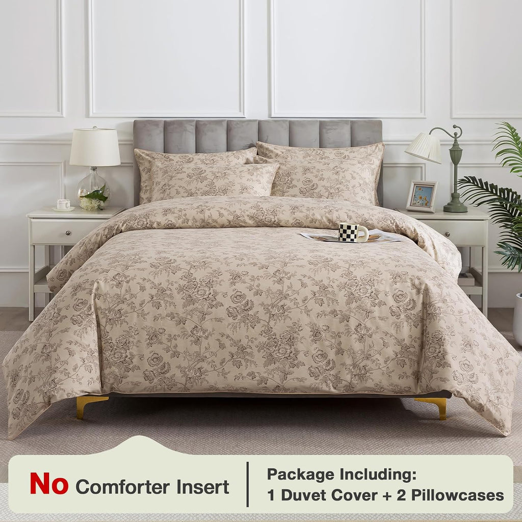 Puralens Beige Floral Duvet Cover, Queen Size 100% Cotton Percale Shabby Flower Patterned Chic Bed Cover Set, Soft Crisp Zipper Reversible…