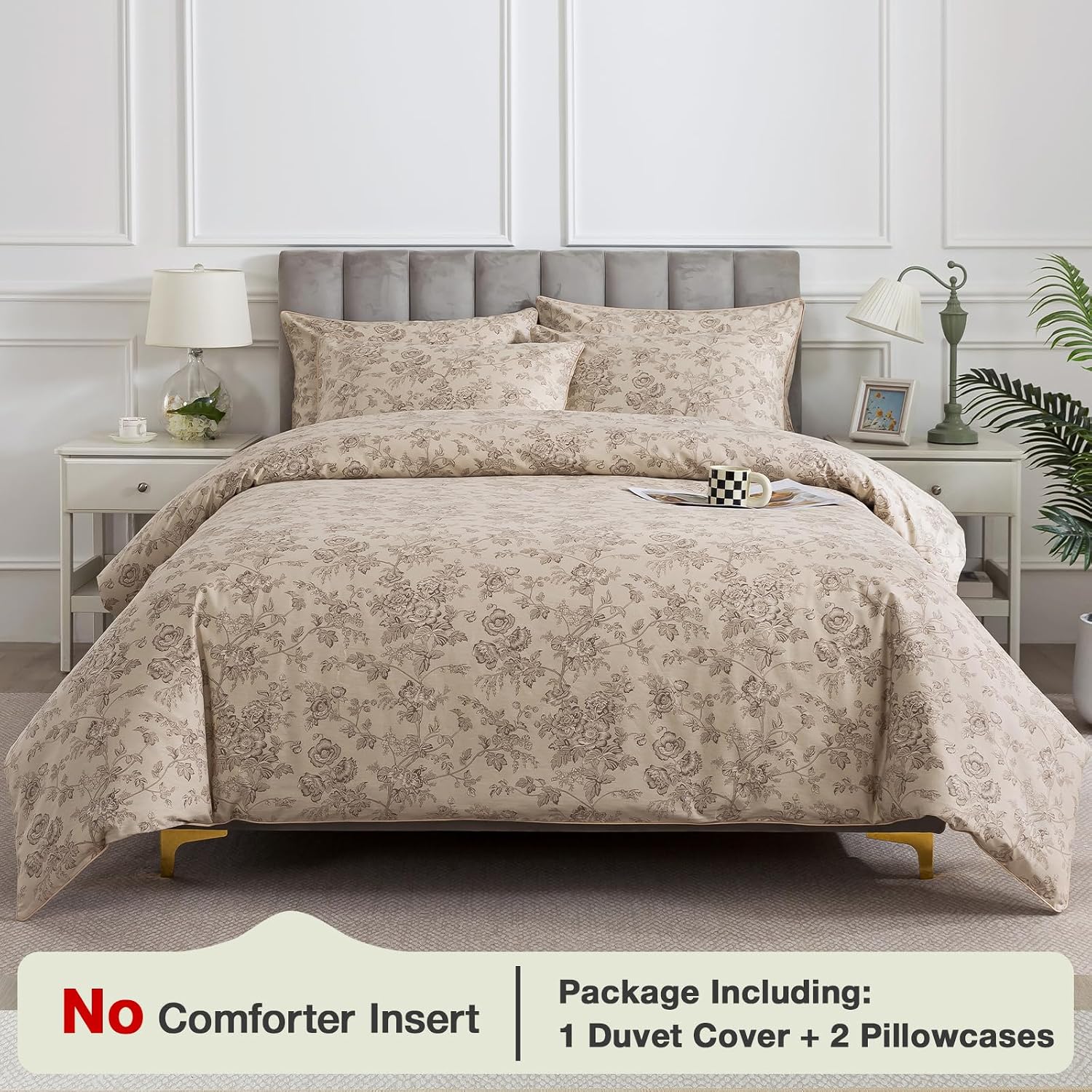 Puralens Beige Floral Duvet Cover, King Size 100% Cotton Percale Shabby Flower Print Chic Bed Cover Set, Soft Crisp Zipper Reversible Comfo…