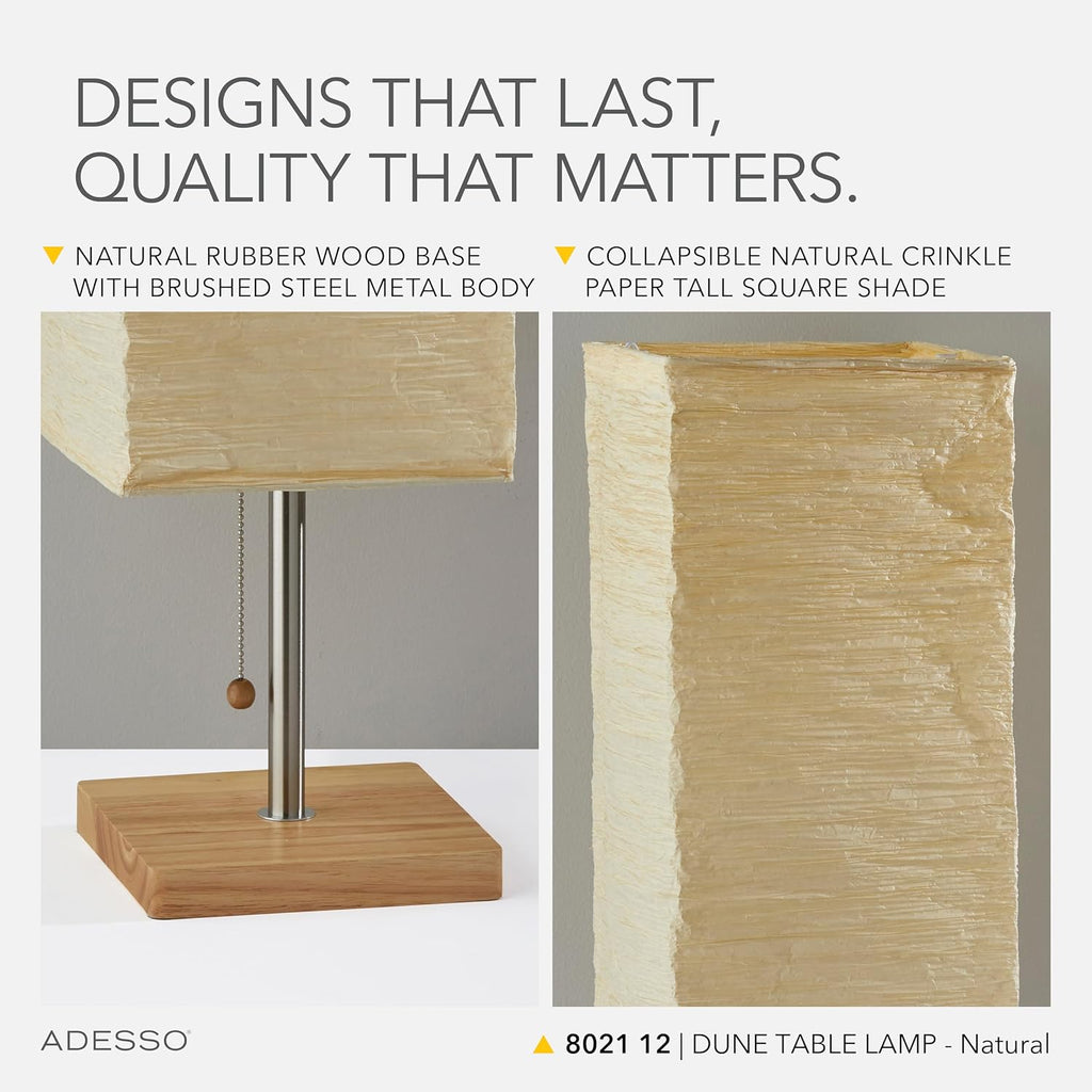 Adesso 26” Table Lamp with Natural Wood Base, Brushed Steel Finish & Crinkle Paper Shade – Perfect Lighting for Bedroom, Living Room and…