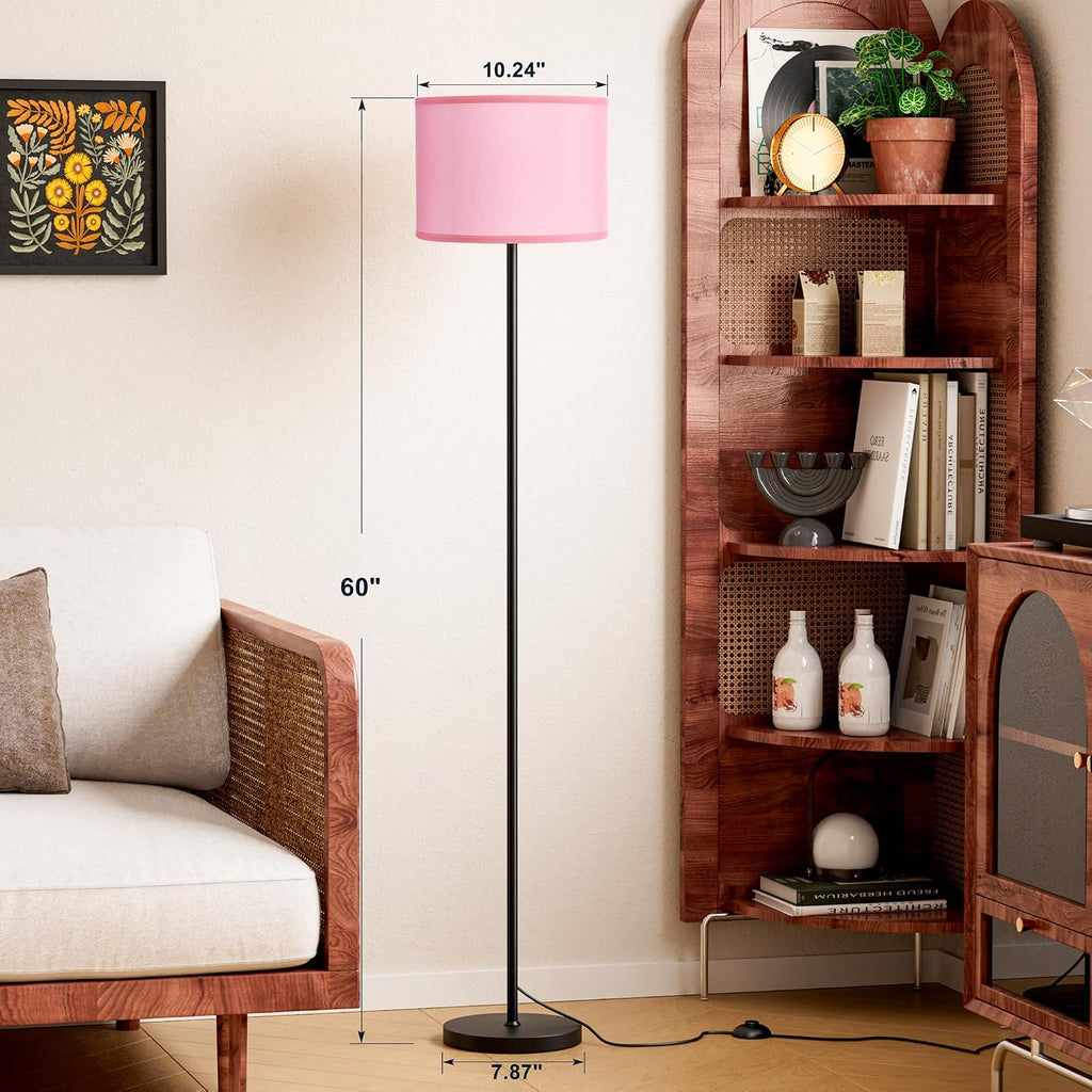 Ambimall 60'' Modern Floor Lamp with Shade, Tall Lamps for Living Room, Bedroom, Office, Dining Room, Pink Shade with Black Pole(Without Bu…