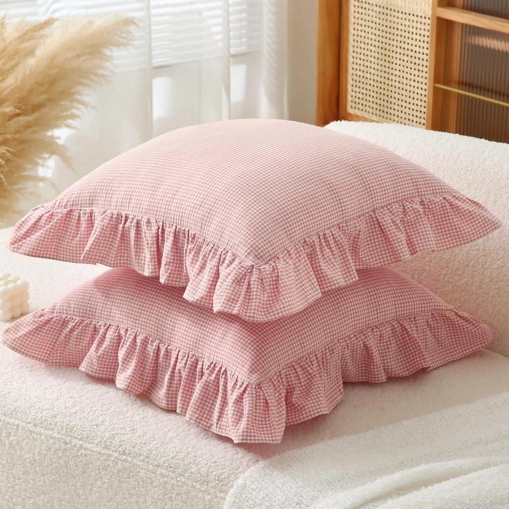 Jilboo Gingham Pillow Covers (2 Pack) - 18x18 Inches Pink/White Plaid, 100% Washed Cotton Vintage Ruffle Decorative Throw Pillowcases with…