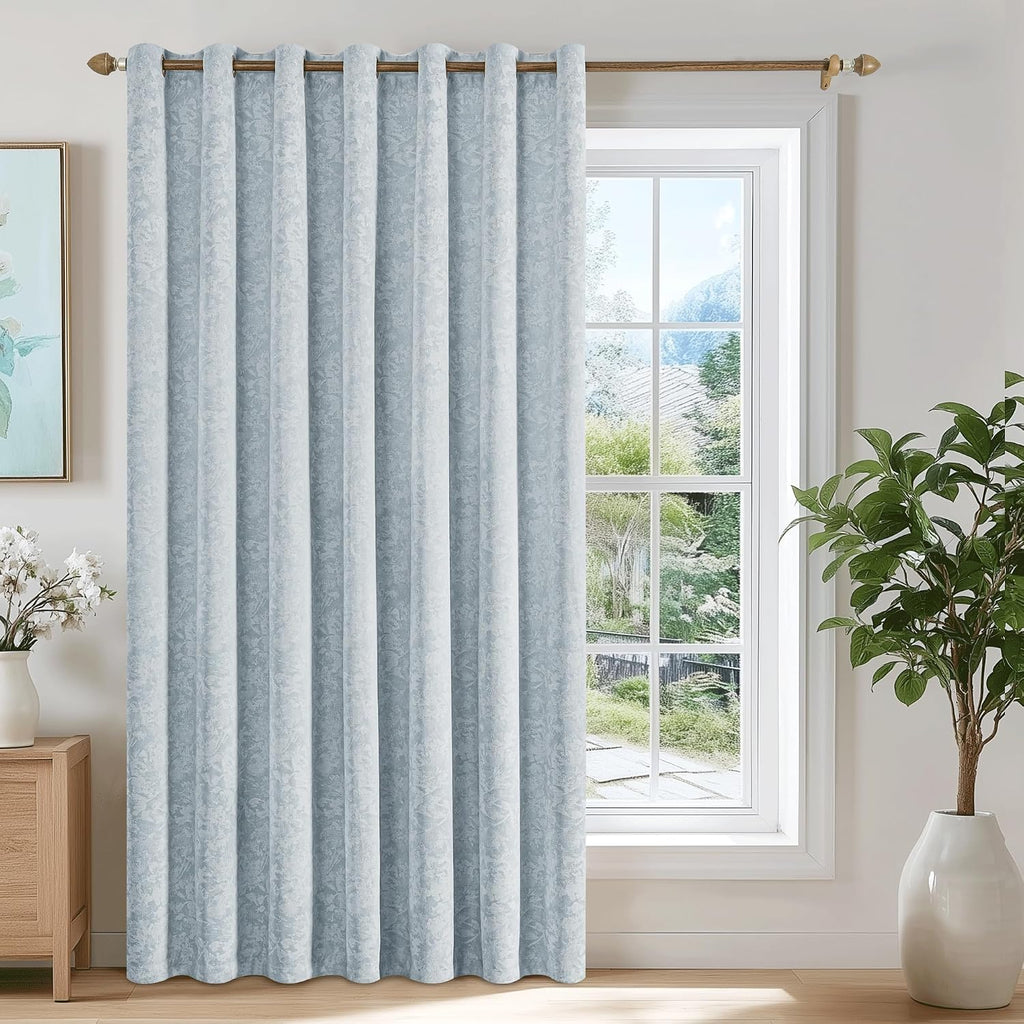 Beauoop Blue Floral Jacquard Blackout Curtains 84 Inches Long for Patio Sliding Door Extra Wide Chenille Flower Divider Room Darkening…
