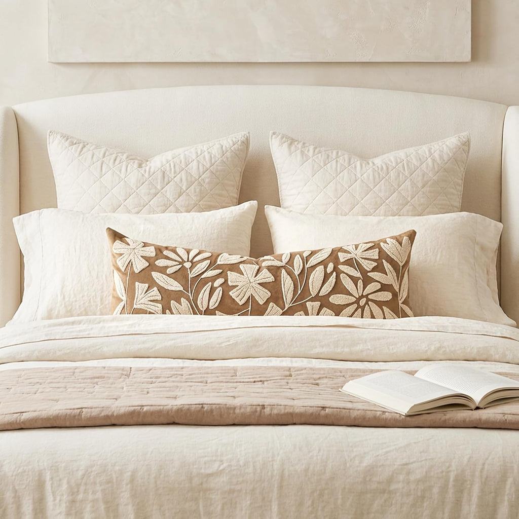 BlissBlush 14x36 Lumbar Pillow Cover for Bed, Brown Rectangular Long Throw Pillowcase, Embroidered Velvet Floral Tufted Farmhouse Accent…