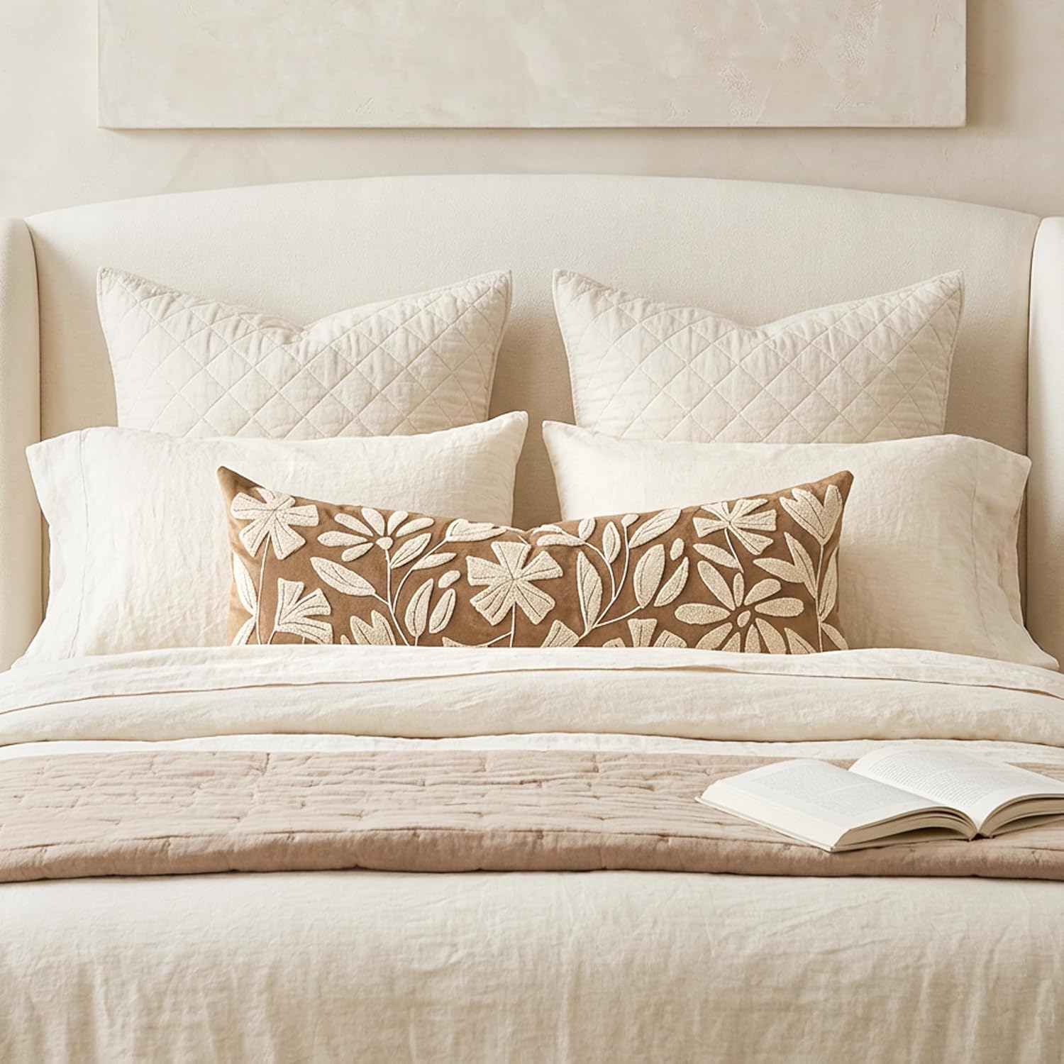 BlissBlush 14x36 Lumbar Pillow Cover for Bed, Brown Rectangular Long Throw Pillowcase, Embroidered Velvet Floral Tufted Farmhouse Accent…