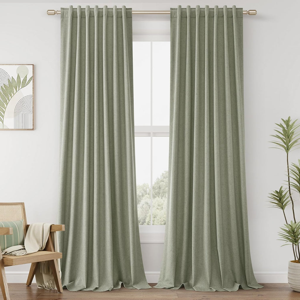 Guken Sage Green 100% Blackout Linen Curtains 100 Inch Length 2 Panels Set for Living Room Bedroom Back Tab Thermal Insulated Black Out Dra…
