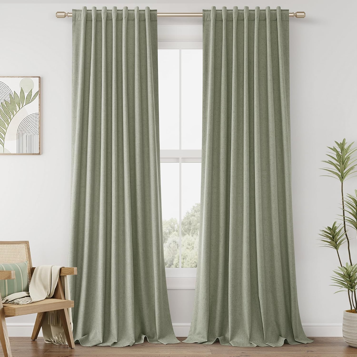 Guken Sage Green 100% Blackout Linen Curtains 90 Inch Length 2 Panels Set for Living Room Bedroom Back Tab Thermal Insulated Black Out Drap…