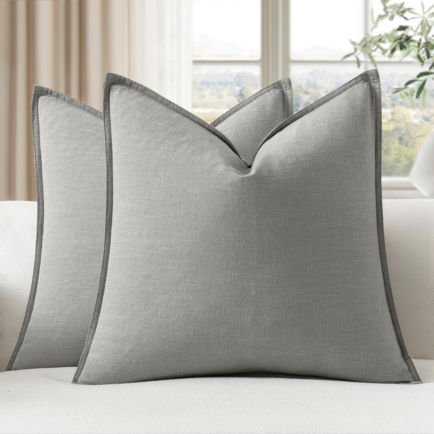 EMEMA Decorative Linen Throw Pillow Covers 20x20 Inch Light Grey Boho Farmhouse Neutral Couch Throw Pillows for Bed Pack of 2 Accent…