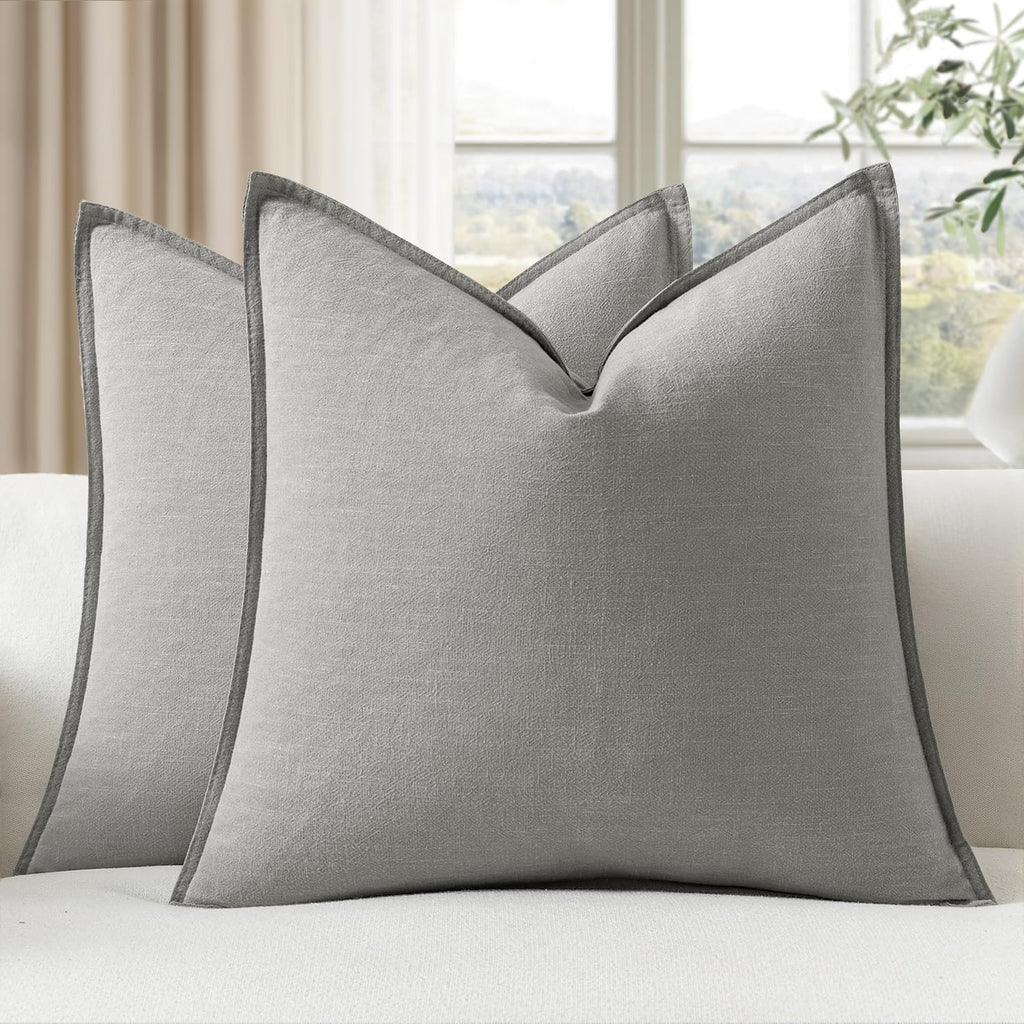 EMEMA Decorative Linen Throw Pillow Covers 24x24 Inch Light Grey Boho Farmhouse Neutral Couch Throw Pillows for Bed Pack of 2 Accent…