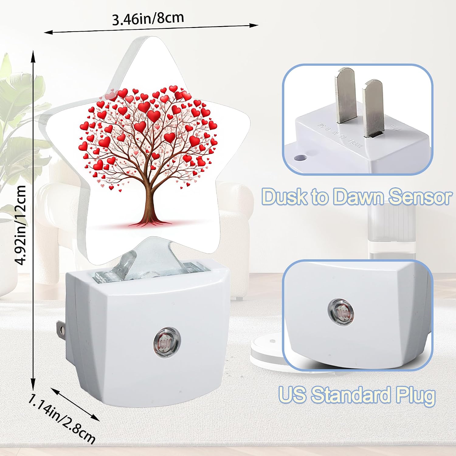 Snowmolle Tree of Love Night Light, Red Love Heart Plug-in Star Night Lights with Dusk-to-Dawn Sensor for Bedroom, Bathroom, Living Room Sleep…