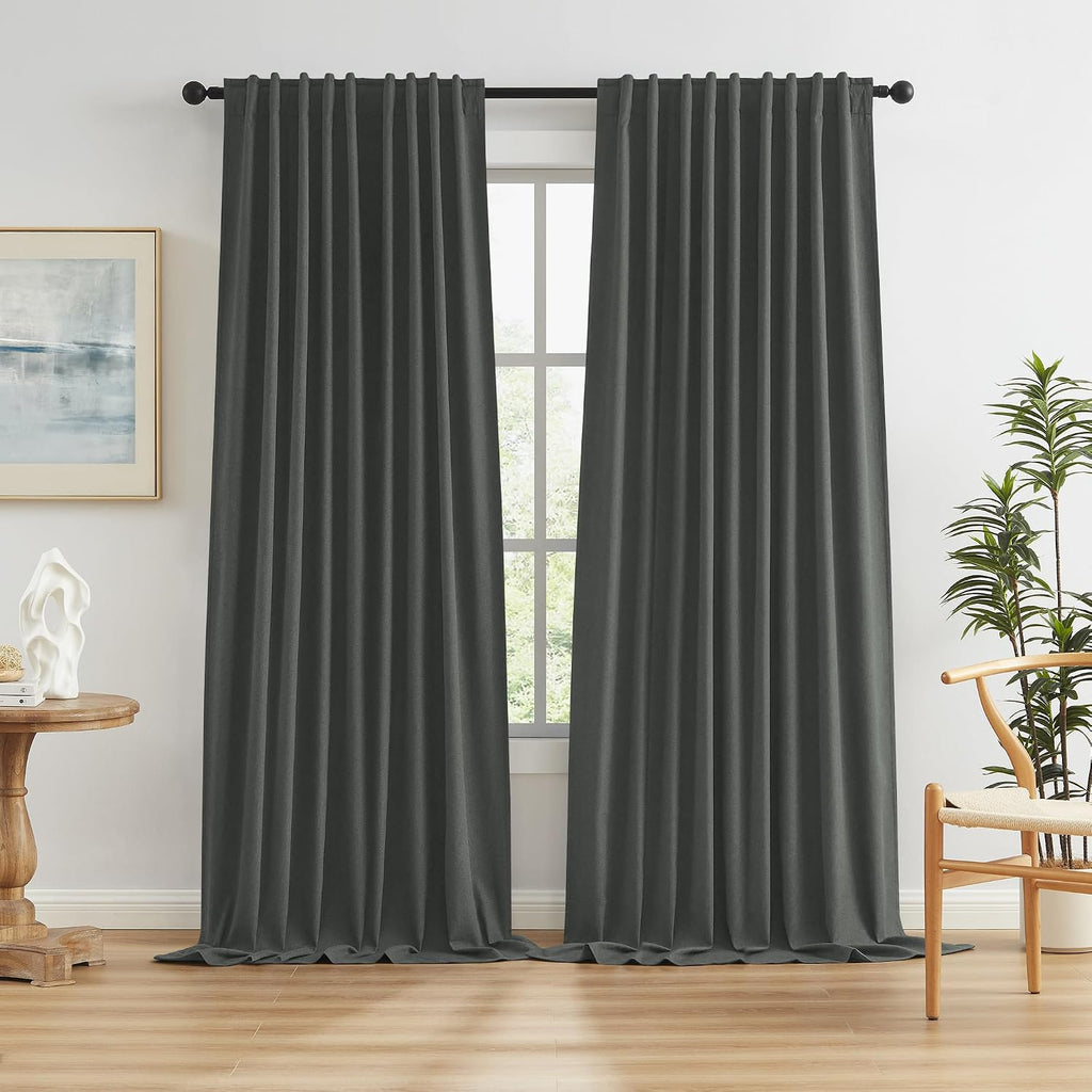 Keqiaosuocai Grey Pleated Curtains 2 Panels Set, Full Blackout Linen Curtain Drapes for Living Room Bedroom 96 Inches Long (72 Inch Wide Ea…