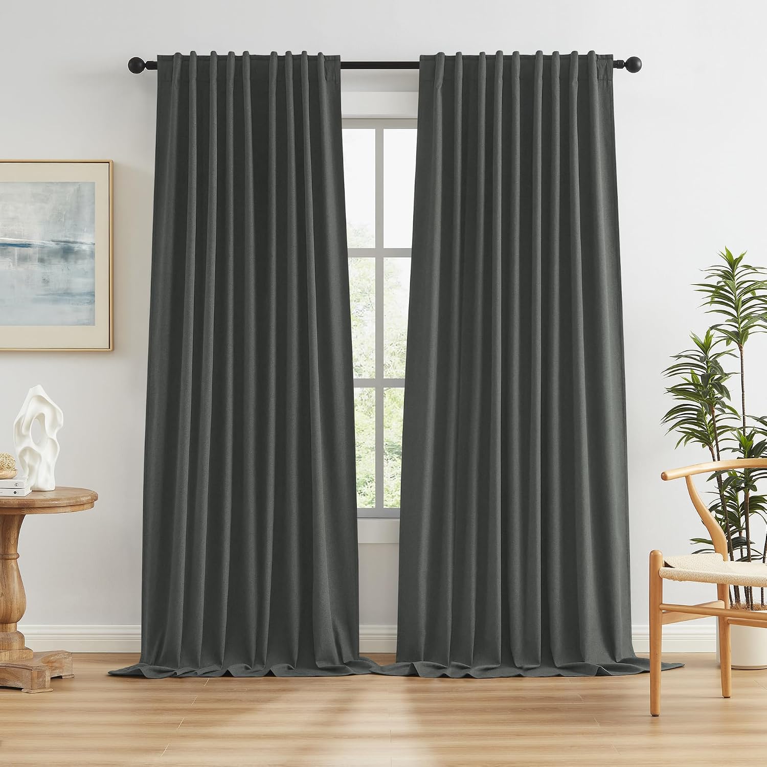 Keqiaosuocai Grey Pleated Curtains 2 Panels Set, Full Blackout Linen Curtain Drapes for Living Room Bedroom 96 Inches Long (72 Inch Wide Ea…