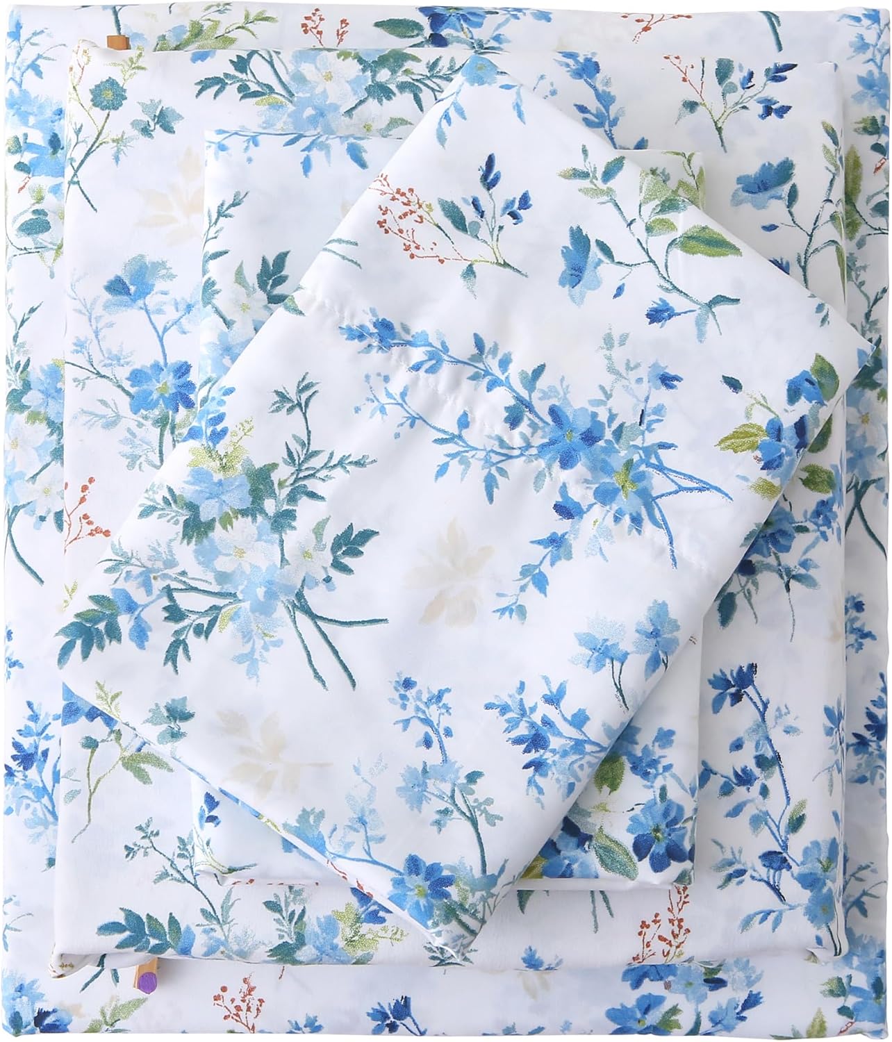mooreeke Cozy Vintage Microfiber Printed Queen Sheet Set - Soft & Breathable Percale Blue Green Floral Bed Sheets with Extra Deep Pocket -…