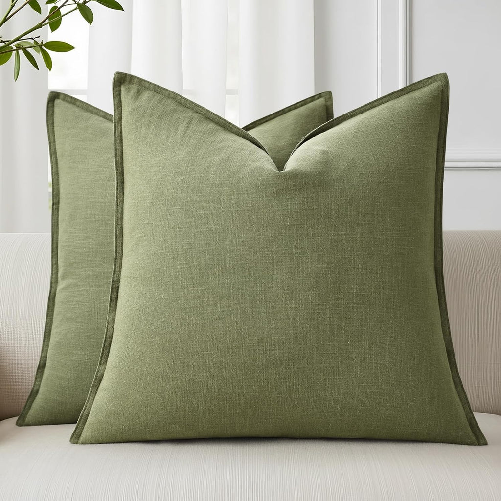 decorUhome Summer Decorative Linen Euro Sham Throw Pillow Covers 22x22 Inch Set of 2 Olive Green Pillow Covers with Flange Edges Soft Farmh…