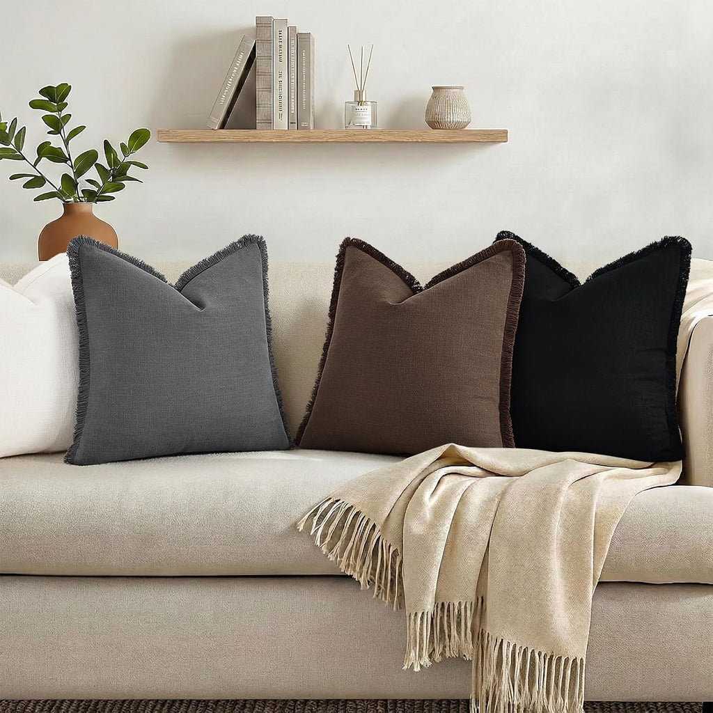 decorUhome Summer Decorative Neutral Linen Fringe Throw Pillow Covers Set of 2 Chocolate Pillow Covers with Tassels Soft Farmhouse Boho Acc…