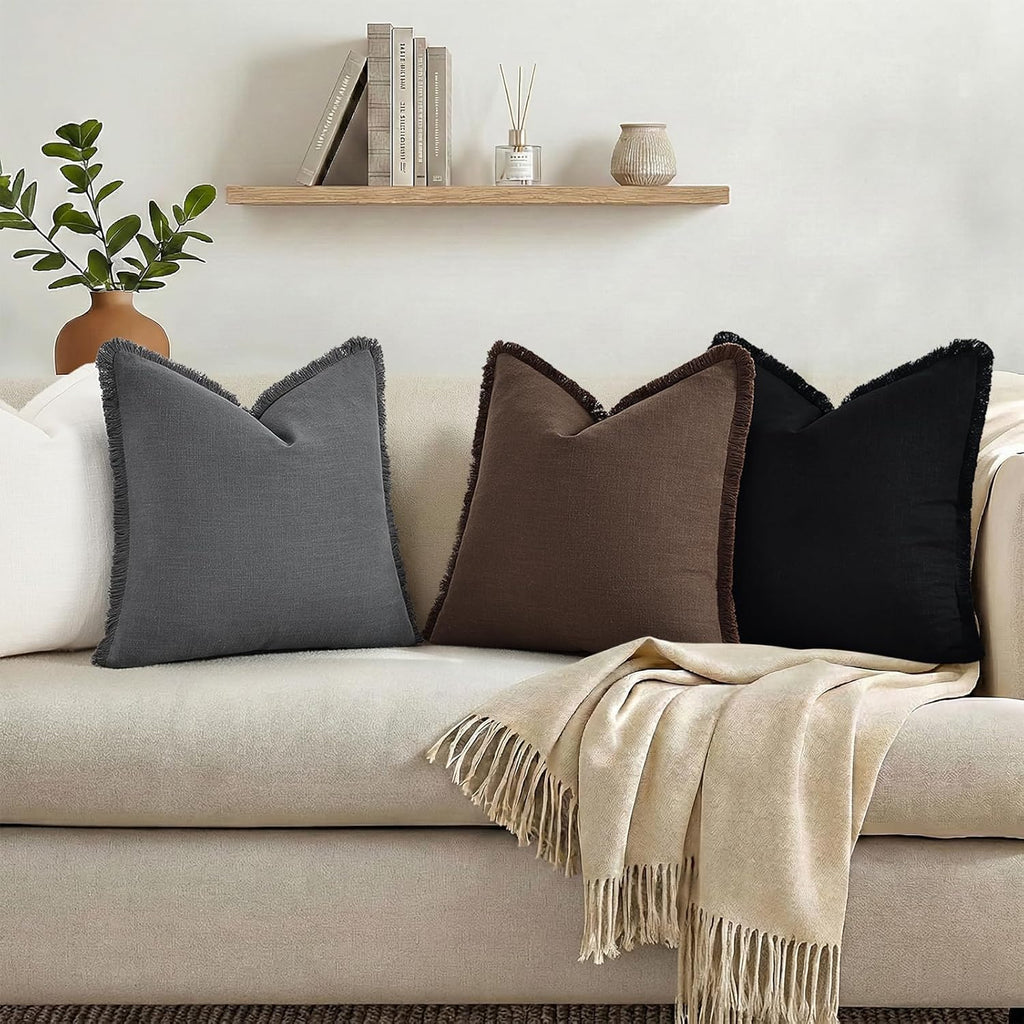 decorUhome Summer Decorative Neutral Linen Fringe Throw Pillow Covers Set of 2 Black Pillow Covers with Tassels Soft Farmhouse Boho Accent…