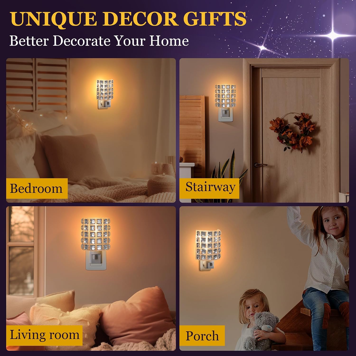 Crystal Diamond LED Night Light Plug into Wall, Decorative Plug in Night Light with Manual On/Off Switch and 360° Rotating Plugs, Warm…