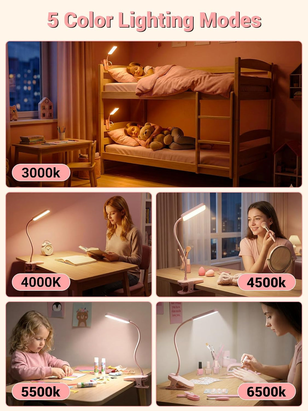 ReinHoo Pink Desk Lamp for Girls Bedroom,9 Brightness+5 Color Clip on Light,4000mAh Battery Rechargeable Desk Lamp Cute Lamp for Kid…