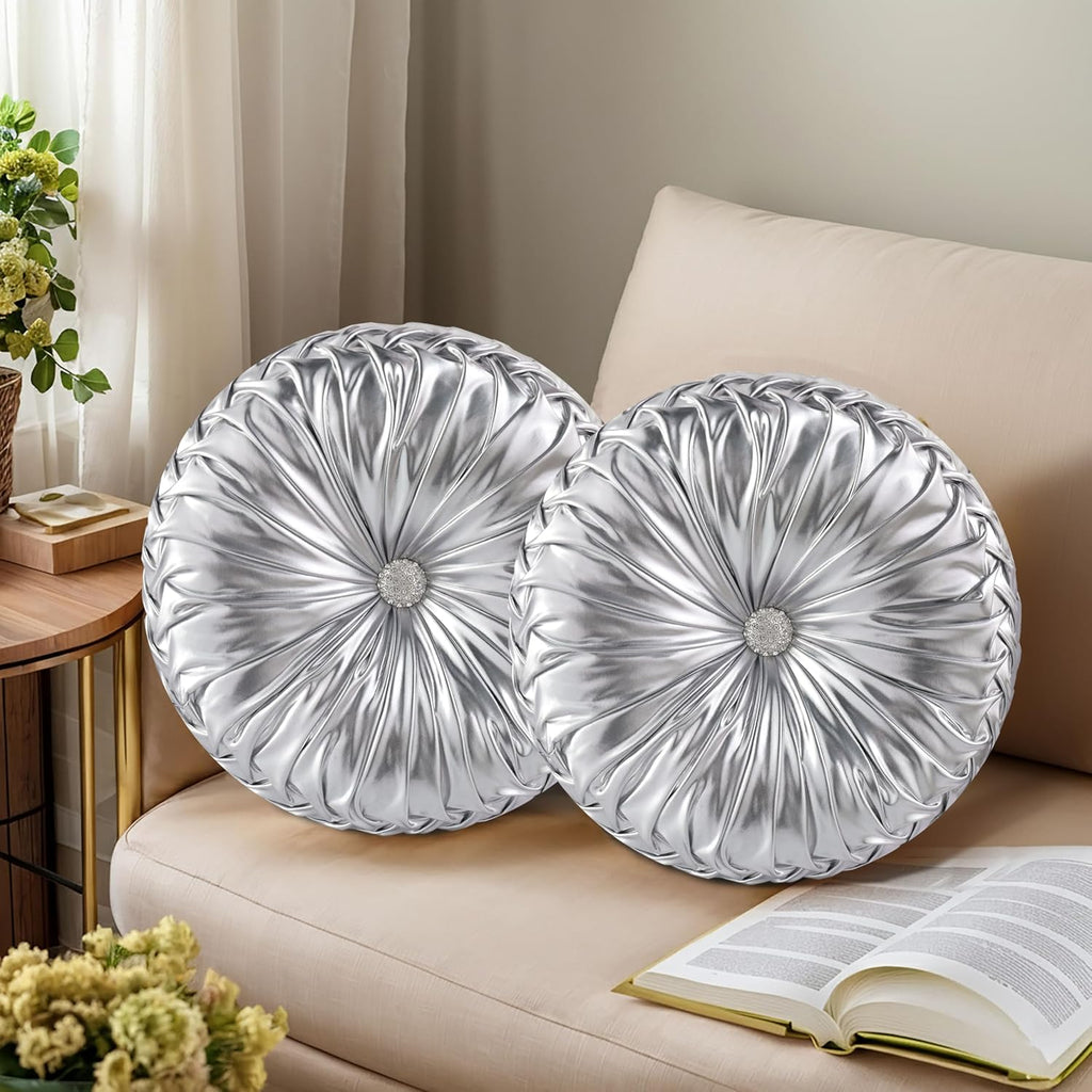 HIG Set of 2 Handcrafted Silver Ruched Round Throw Pillows – 14.5’’ Metallic Leather Decorative Pillows with Soft Polyester Filling for…