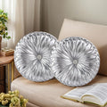 HIG Set of 2 Handcrafted Silver Ruched Round Throw Pillows – 14.5’’ Metallic Leather Decorative Pillows with Soft Polyester Filling for…