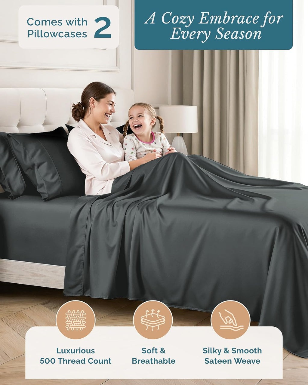 Casa Platino Bed Sheets Twin, 4 Piece Silky Sateen Sheets with 500 Thread Count 100% Cotton, 15 Inch Deep Pocket Fitted Sheet for Twin…