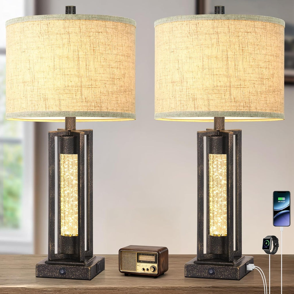 Tobusa 26’’ Vintage Table Lamps for Living Room Set of 2, Rustic Lamps for Bedroom with 2 USB Ports and Crystal Night Light, Farmhouse Beds…