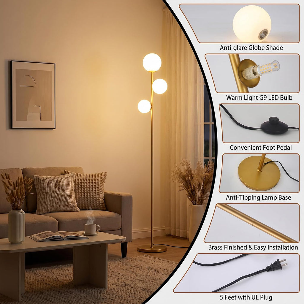 Fiqevs 3 Globe Floor Lamp Mid Century Modern, Gold Standing Lamp with Frosted Glass Shade & LED Bulbs, Tall Pole Light with Foot Switch…