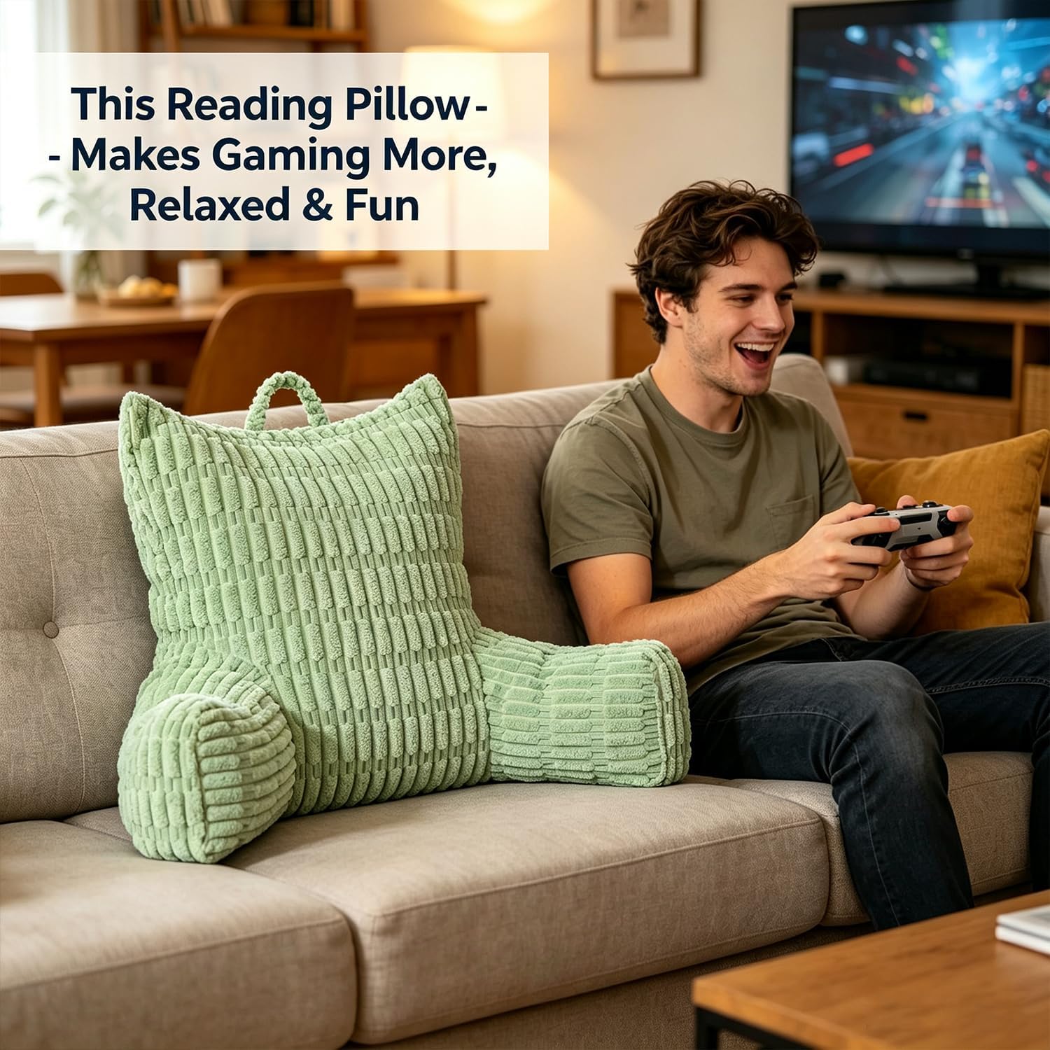 Neustern Corduroy Reading Pillow with Arms & Pocket, Memory Foam Washable Backrest Pillow for Bed Sitting Up, Support Pillow for Kids Adult…