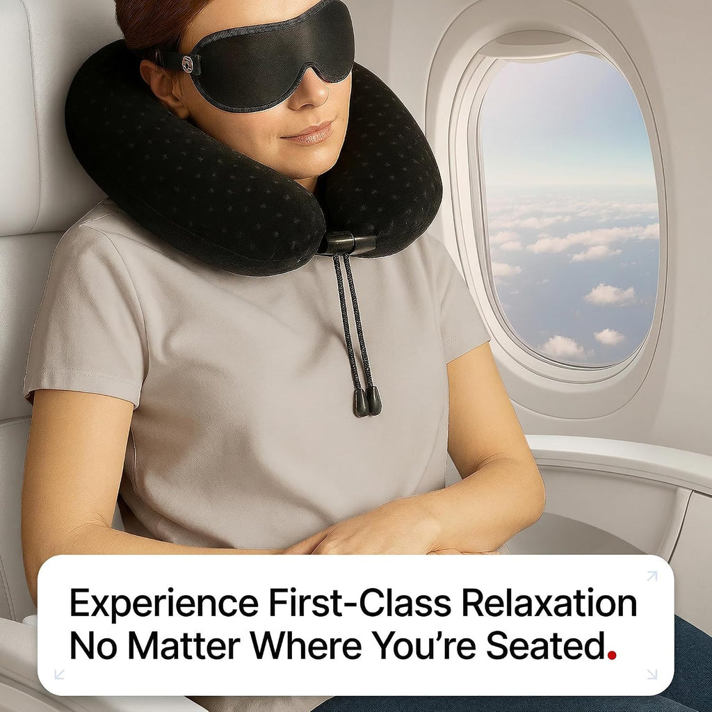 Aeris Memory Foam Travel Pillow for Airplanes - Adjustable Neck Pillow for Long Flights - Carry Bag, Ear Plugs and Eye Mask Included…