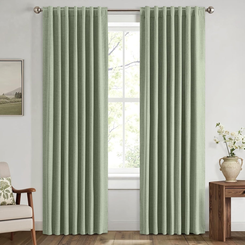 Miulee 100% Blackout Linen Curtains for Bedroom, Sage Green Solid Luxury Decor Thermal Insulation Room Darkening Drapes for Living Room Nur…