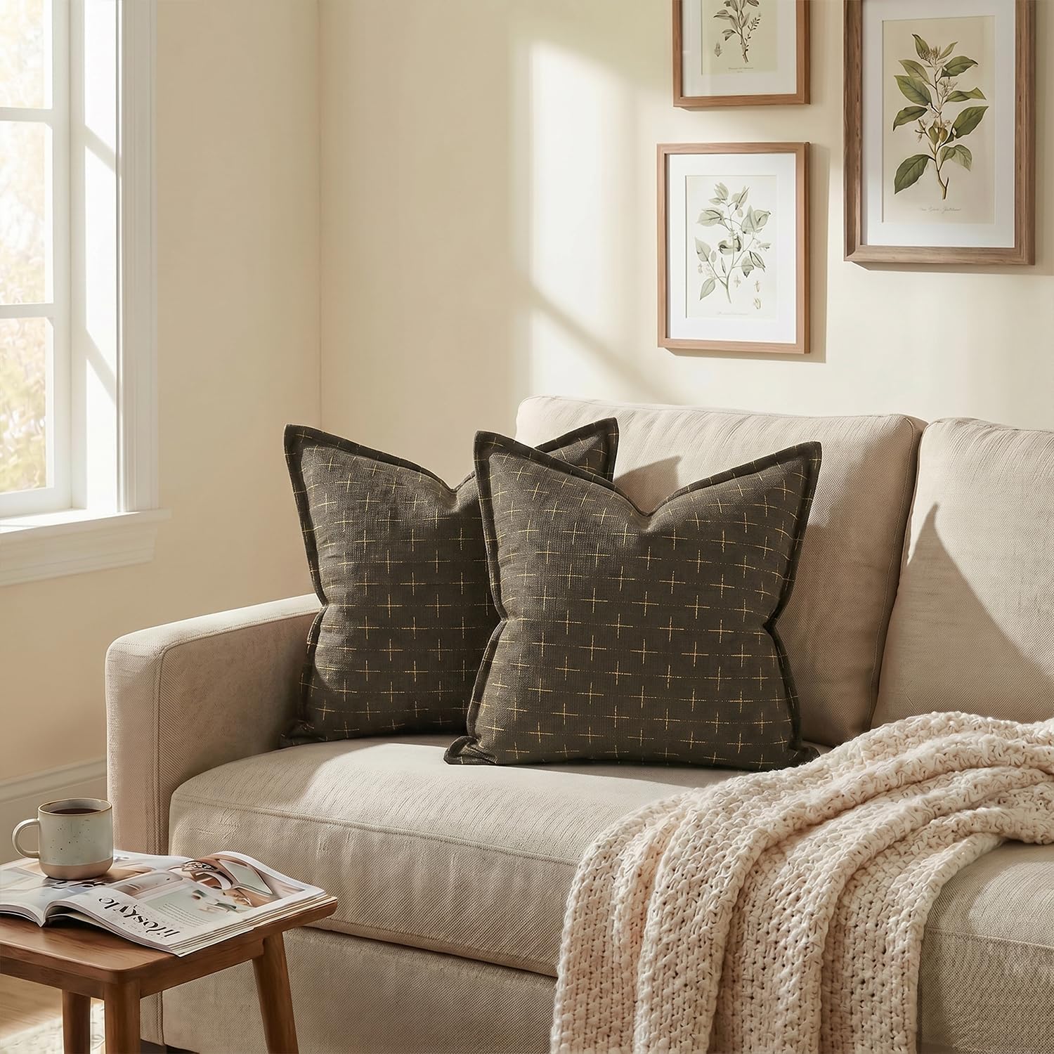 AVOINcolorlife AVOIN colorlife Pack of 2 Decorative Throw Pillow Covers 26x26 Inch, Flange Edges Woven Textured Cushion Case Home Decor for…