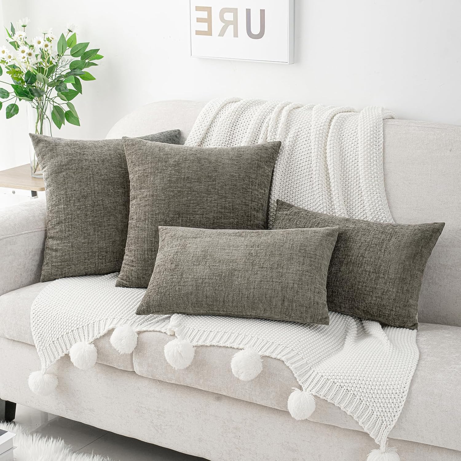 Hwy50 HWY 50 Dark Gray Couch Pillow Covers 22x22 Inch Pack of 2, Soft Chenille Decorative Throw Pillow Cases Farmhouse for Sofa Living Room…