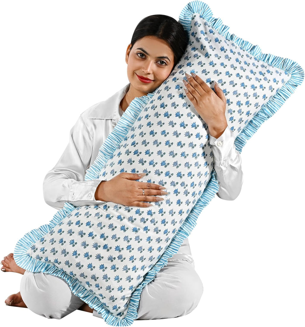 Cottonprintclub CPC Hand Block Print Arctic Blue Ruffle Sham Pillow Cover 36" x 14" inch Hidden Zipper Decorative Pillowcase for Couch, Bed…