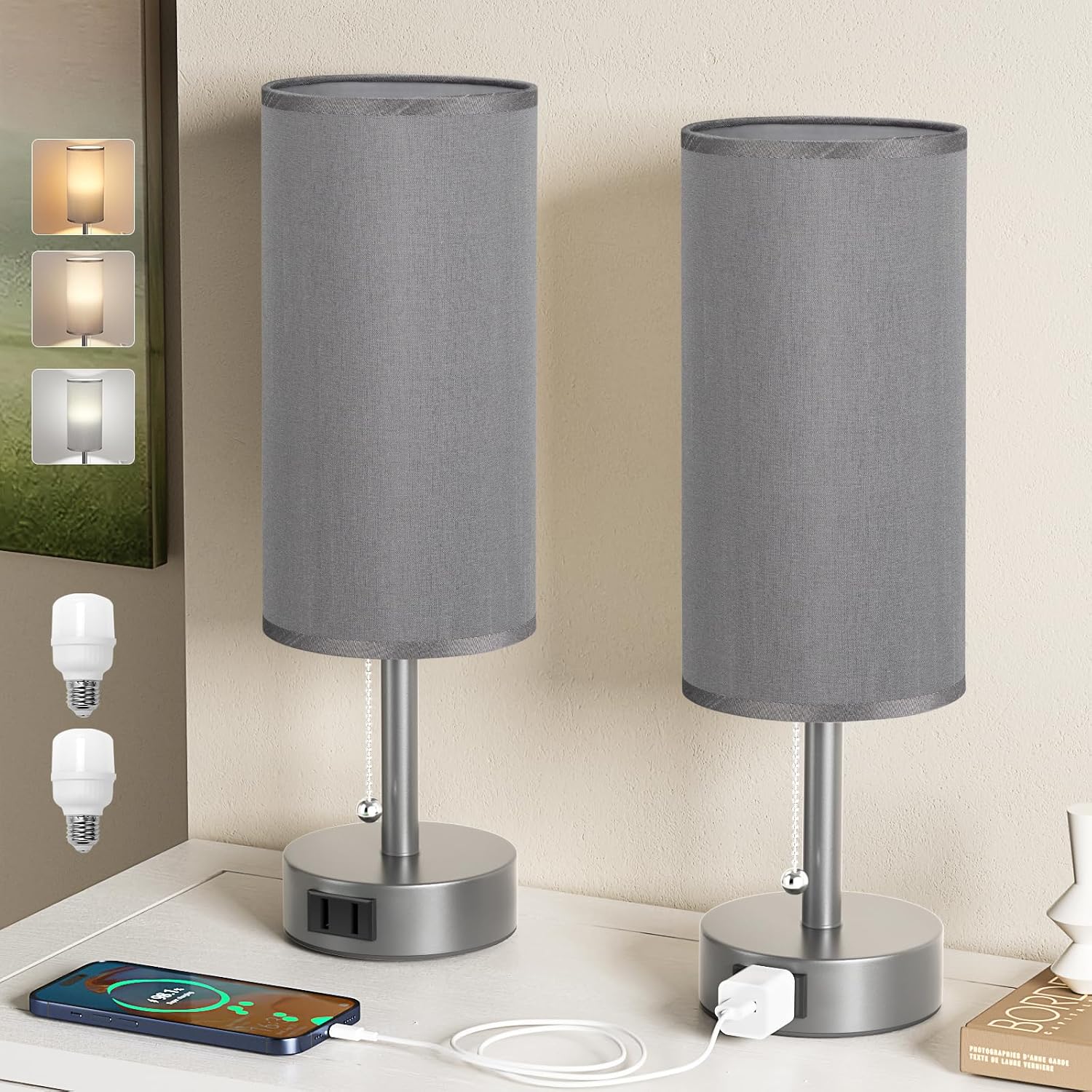Fenmzee Dark Grey Bedside Table Lamps Set of 2-3 Color Temperatures Pull Chain Lamp with AC Outlet Charging Port, Small Round Night Stand…