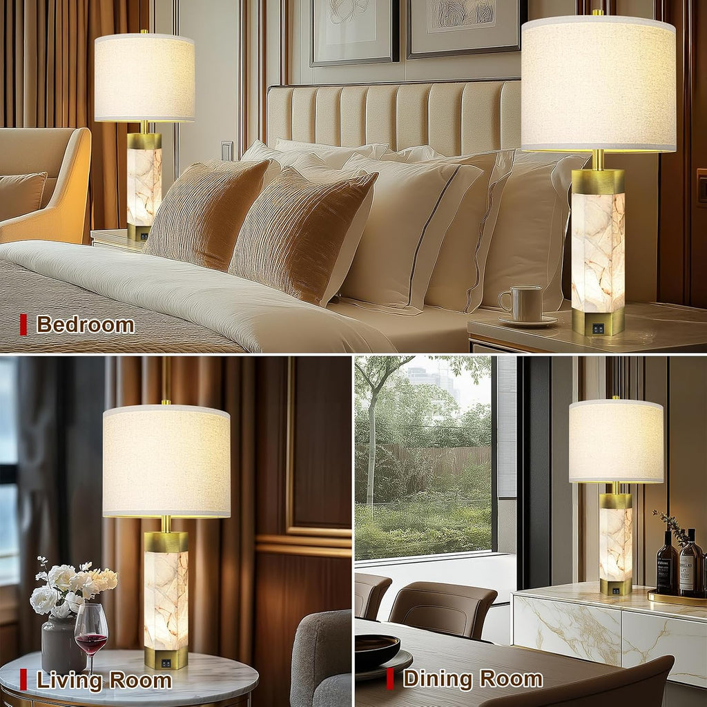 Natural Alabaster Table Lamps Set of 2, Table Lamp with Night Light for Living Room, Nightstand Lamp with USB Ports, Bedside Lamp with Linen…