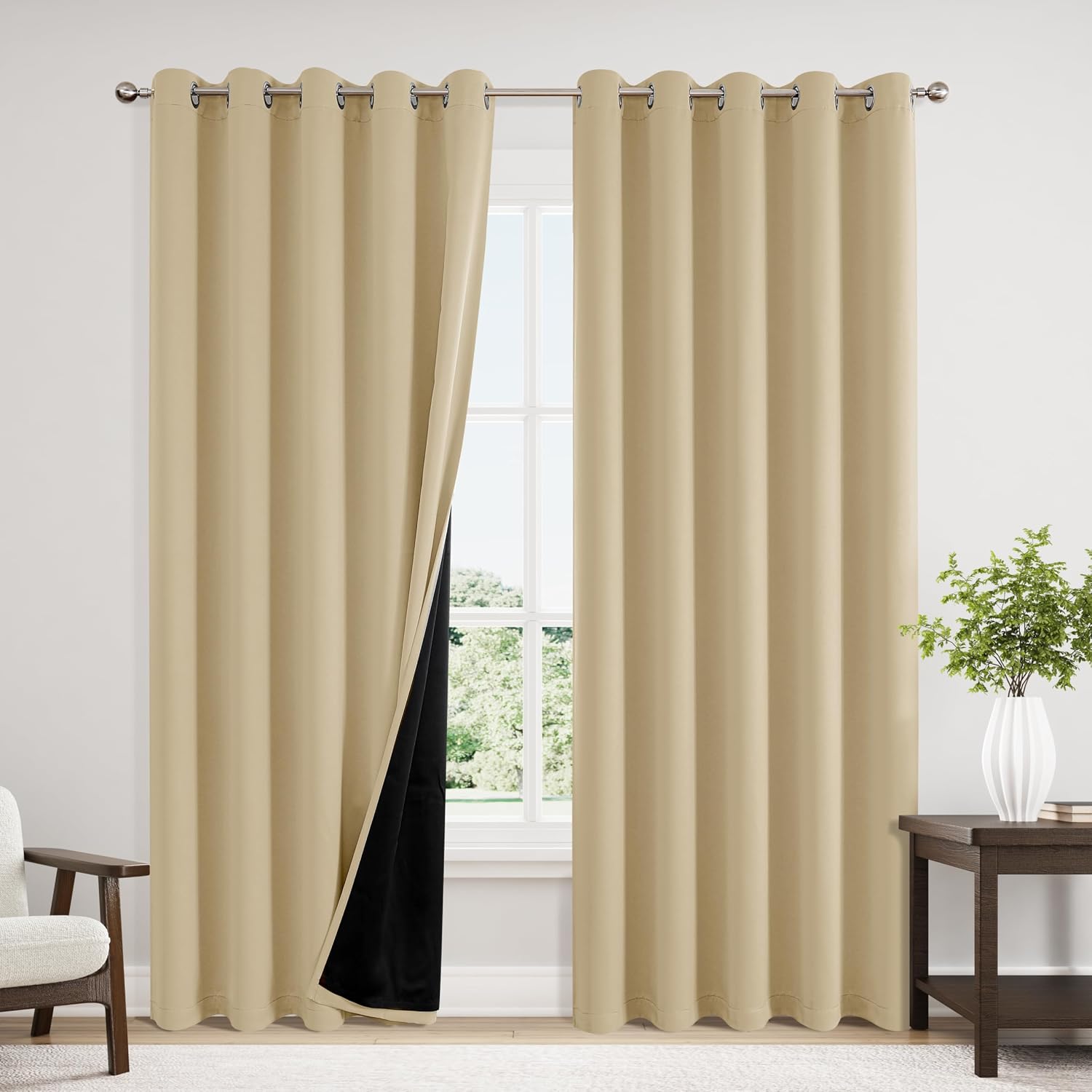 ChrisDowa 100% Blackout Curtains 84 inch Long for Bedroom with Black Liner, Extra Wide 2 Thick Layers Total Blackout Thermal Insulated Grom…