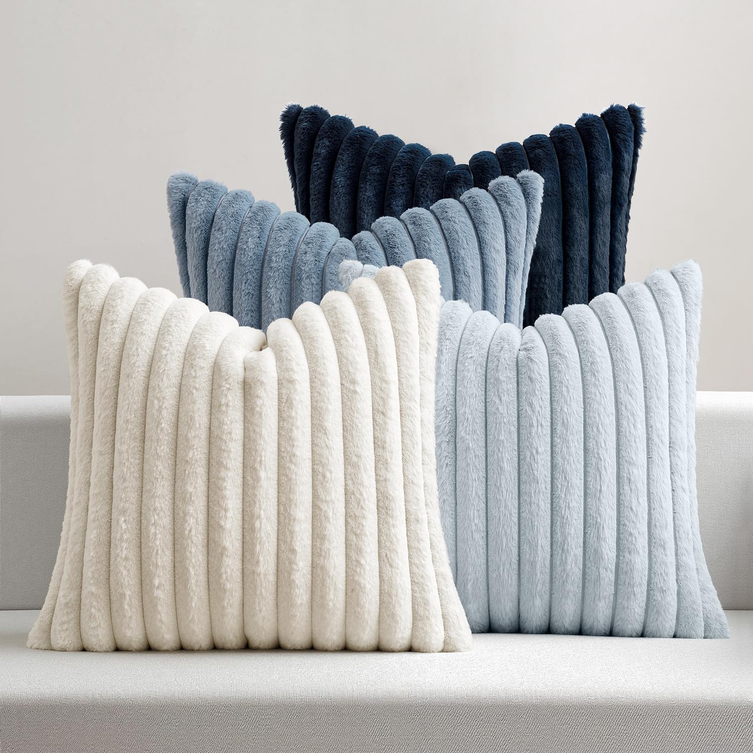 Miulee Faux Fur Plush Decorative Throw Pillow Covers 18x18 Set of 4, Summer Modern Soft Fuzzy Coastal Striped Cushion Covers for Sofa Couch…