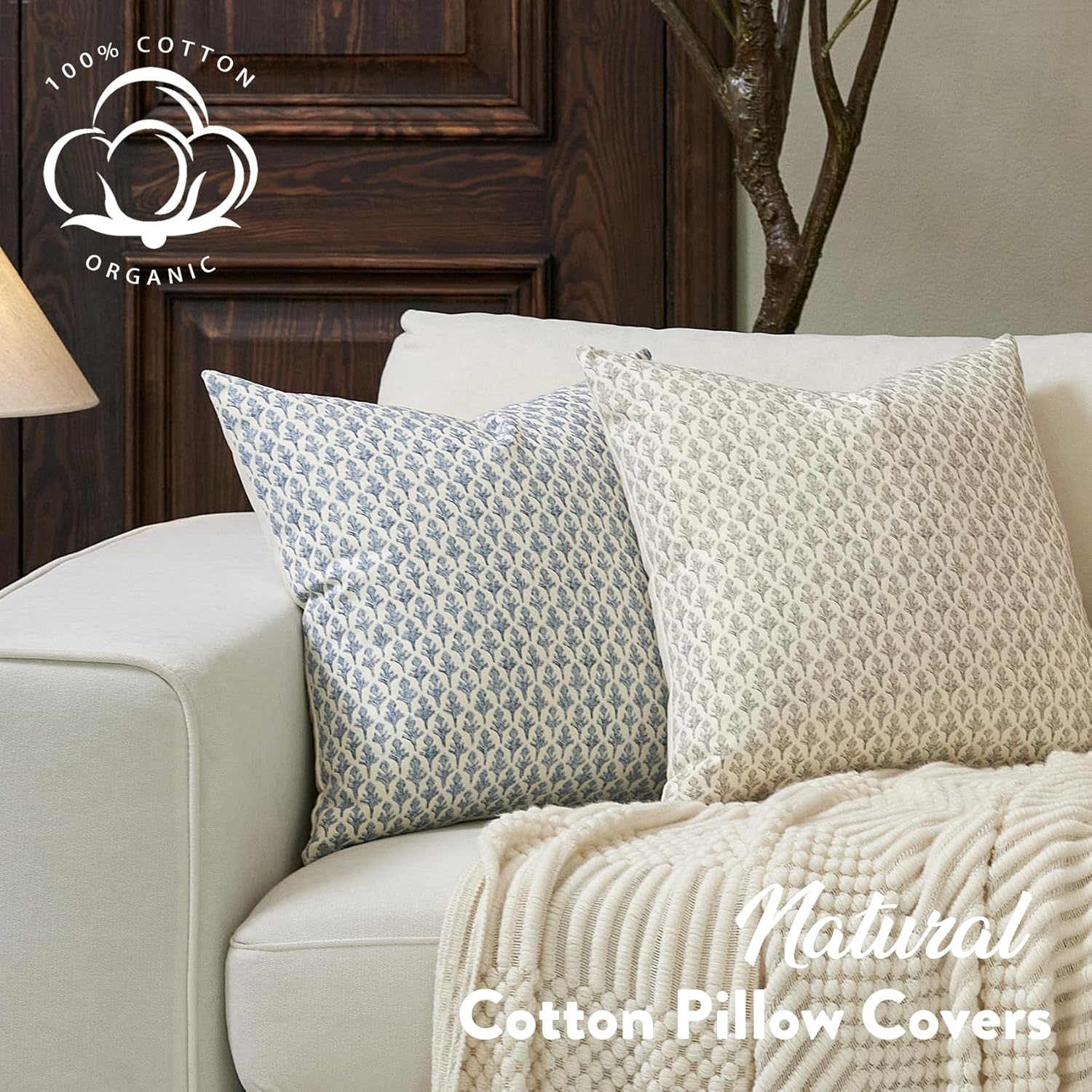 Fiouovohome FIOUOVO Floral Pillow Covers 24x24 Pillow Cover Block Print Couch Pillows for Living Room Decorative Neutral Accent Throw Pillo…