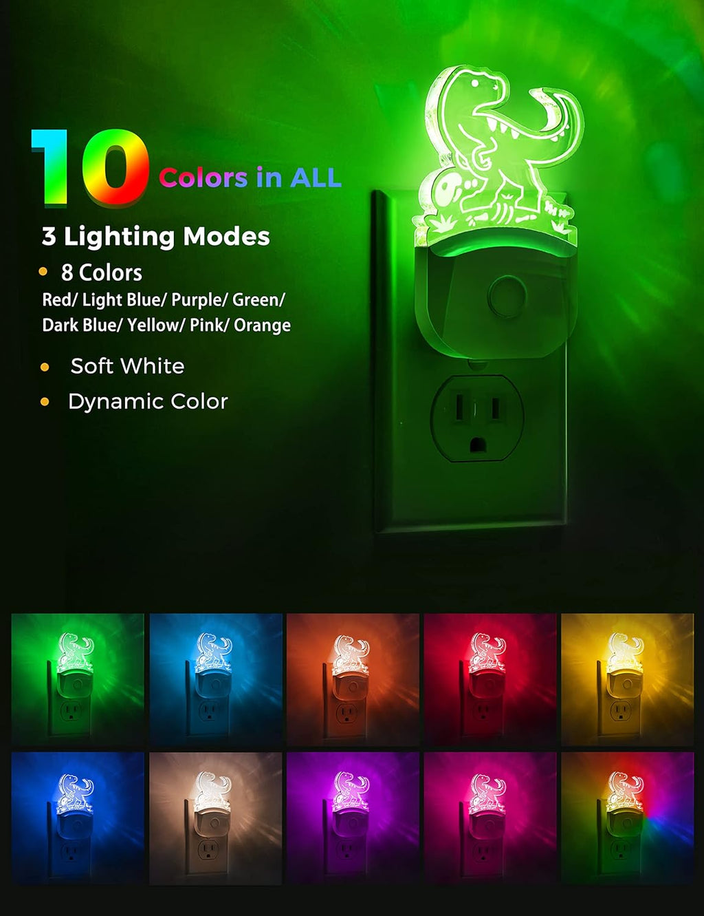L LOHAS LED Night Light for Kids, Dinosaur Night Light for Boys, Velociraptor LED Night Lights Plug into Wall, RGB+Soft White 3000K, Dusk…
