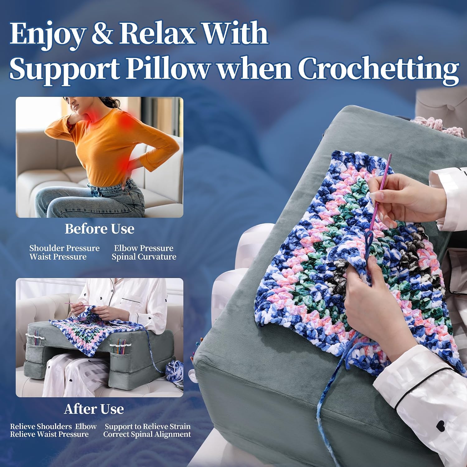 Hombys Adjustable Foam Crochet Pillow for Lap Support, Soft Velvet Reading & Gaming Pillow with Side Pocket and Elastic Band, Desk Pillow f…