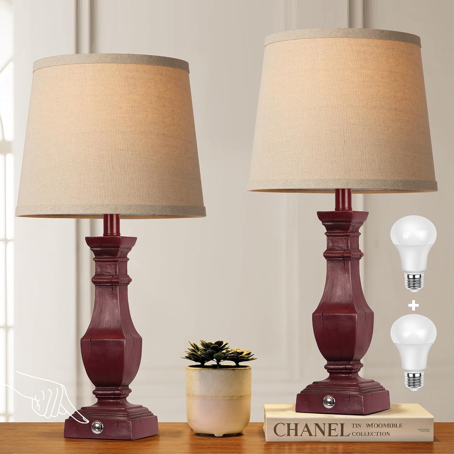 ROTTOGOON Dimmable Table Lamps Set of 2, Rustic Farmhouse Table Lamps for Living Room Bedroom, Bedside Desk Lamps for end Tables, Touch…