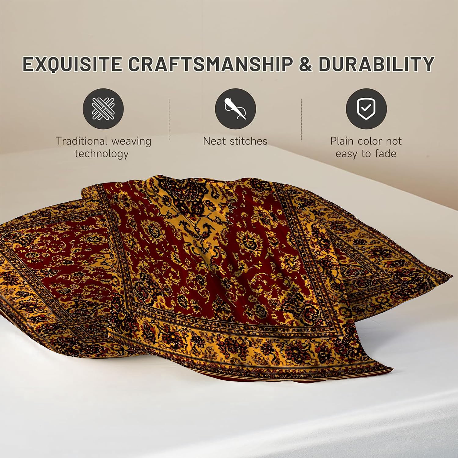 Imitation Silk Pillowcase for Hair and Skin Boho Retro Dark Red Golden Carpet 1 Pack Satin Queen Pillowcase with Hidden Zipper Cooling…