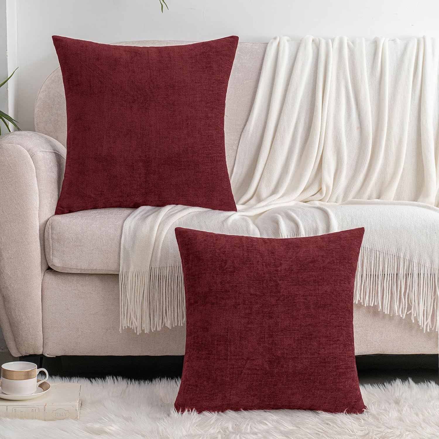 Hwy50 HWY 50 Burgundy Red Couch Pillow Covers 18x18 Inch Pack of 2, Soft Chenille Decorative Throw Pillow Cases Farmhouse for Sofa Living R…