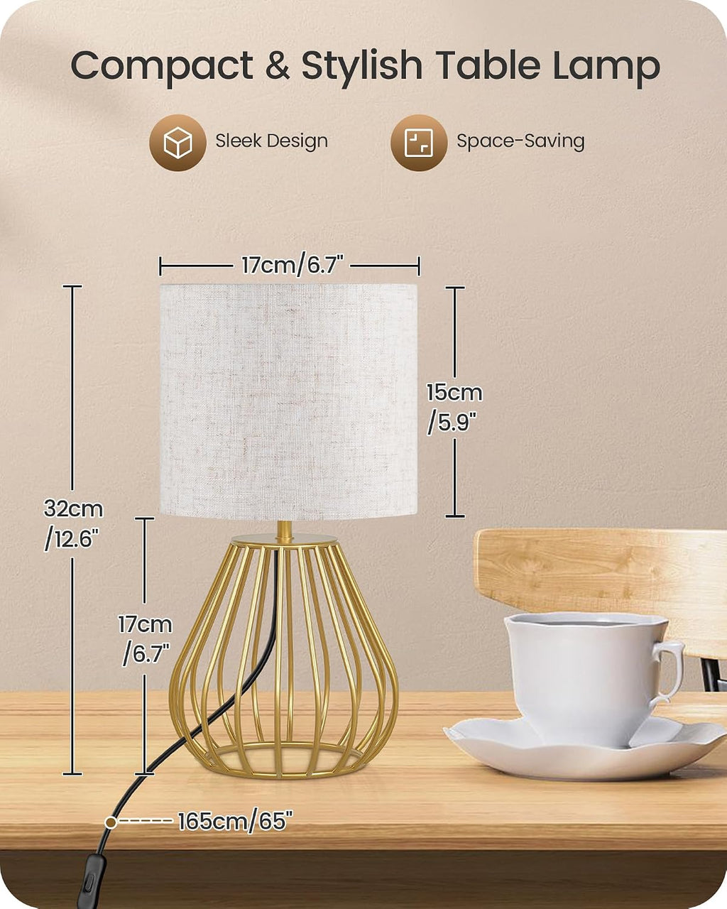 Gold Table Lamp, 12.6'' Small Table Lamp with Beige Linen Lampshade & Gold Cage Base, Modern Little Cute Desk Lamp, Bedside Lamp for…