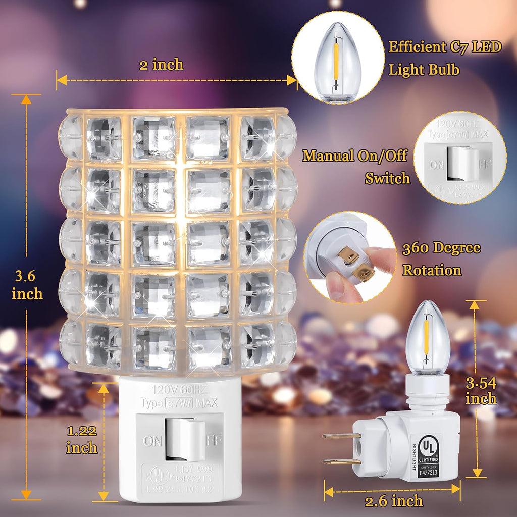 Crystal Diamond LED Night Light Plug into Wall, Decorative Plug in Night Light with Manual On/Off Switch and 360° Rotating Plugs, Warm…